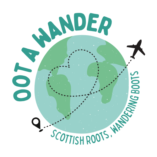 Oot A Wander logo of planet Earth with a dotted line into a heart from one side to the other like an airplane trail